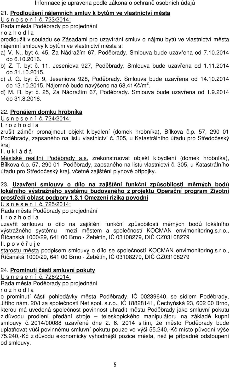 Smlouva bude uzavřena od 7.10.2014 do 6.10.2016. b) Z. T. byt č. 11, Jeseniova 927, Poděbrady. Smlouva bude uzavřena od 1.11.2014 do 31.10.2015. c) J. G. byt č. 9, Jeseniova 928, Poděbrady.