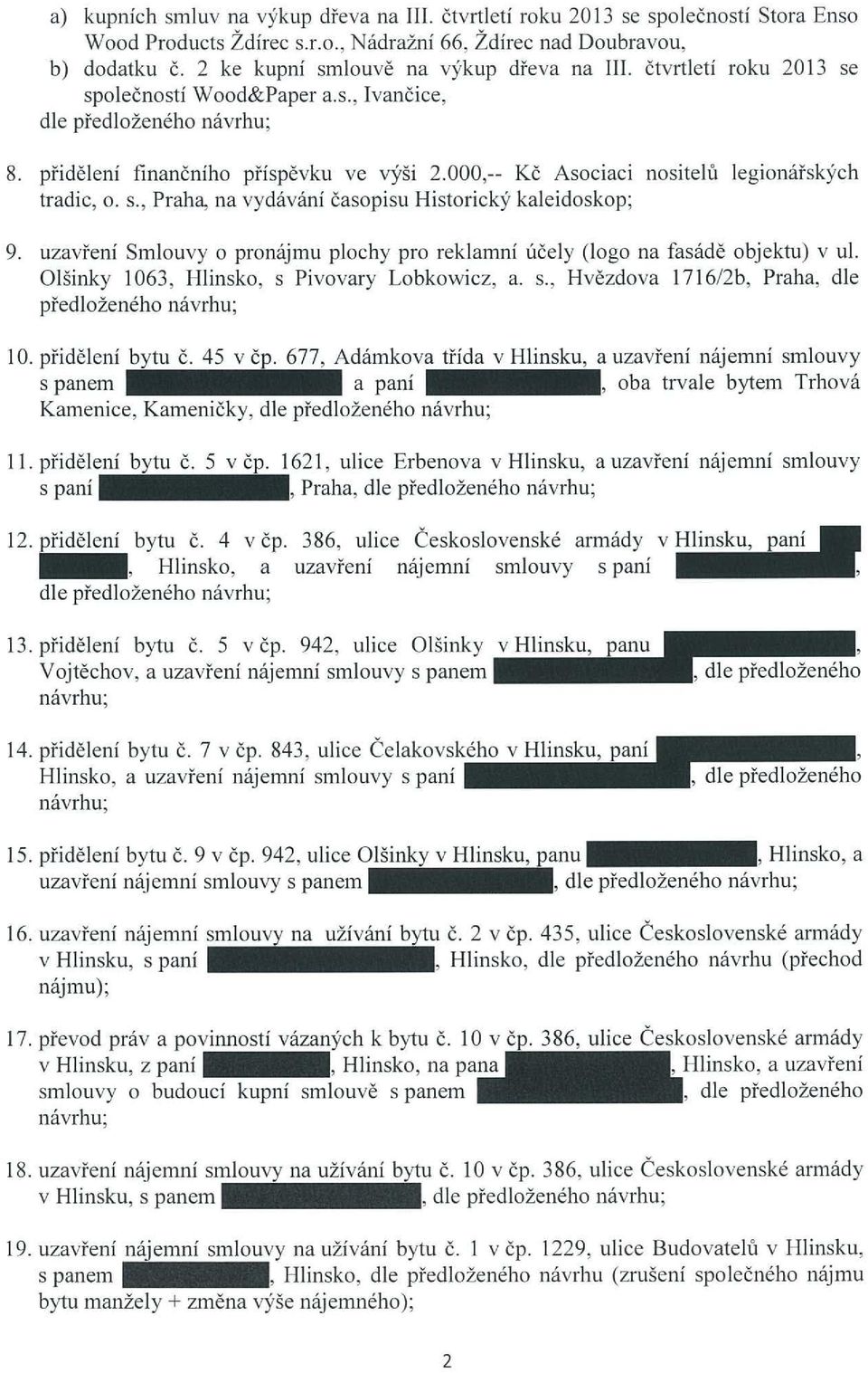 000,-- Kč Asociaci nositelu legionářských tradic, o. s., Praha, na vydávání časopisu Historický kaleidoskop; 9. uzavření Smlouvy o pronájmu plochy pro reklamní účely (logo na fasádě objektu) v ul.