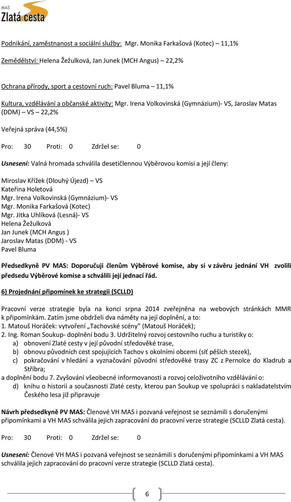 Irena Volkovinská (Gymnázium)- VS, Jaroslav Matas (DDM) VS 22,2% Veřejná správa (44,5%) Usnesení: Valná hromada schválila desetičlennou Výběrovou komisi a její členy: Miroslav Křížek (Dlouhý Újezd)