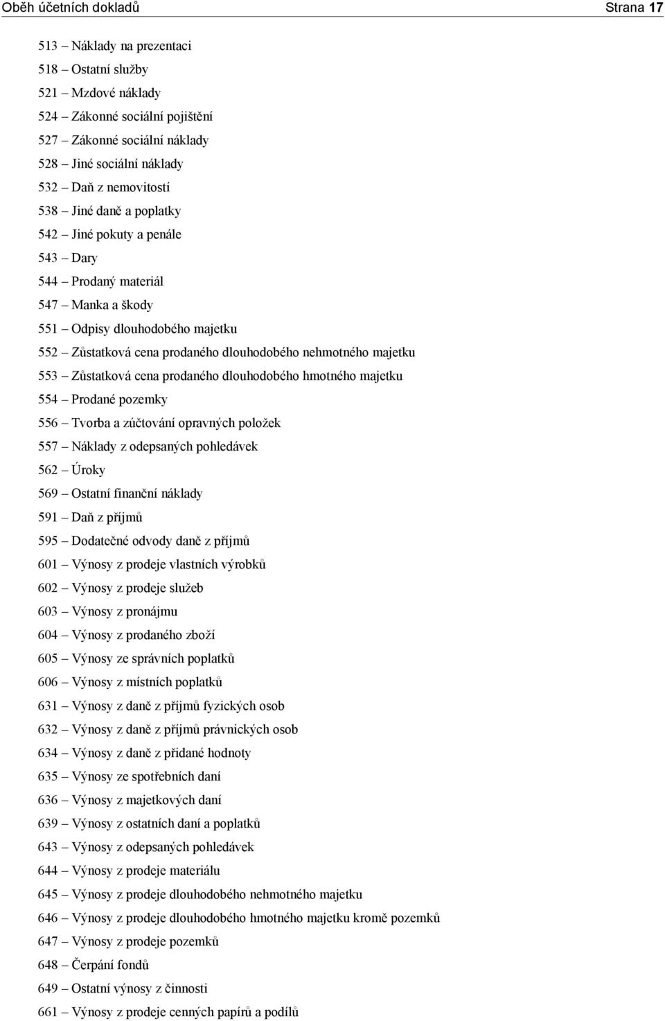 majetku 553 Zůstatková cena prodaného dlouhodobého hmotného majetku 554 Prodané pozemky 556 Tvorba a zúčtování opravných položek 557 Náklady z odepsaných pohledávek 562 Úroky 569 Ostatní finanční