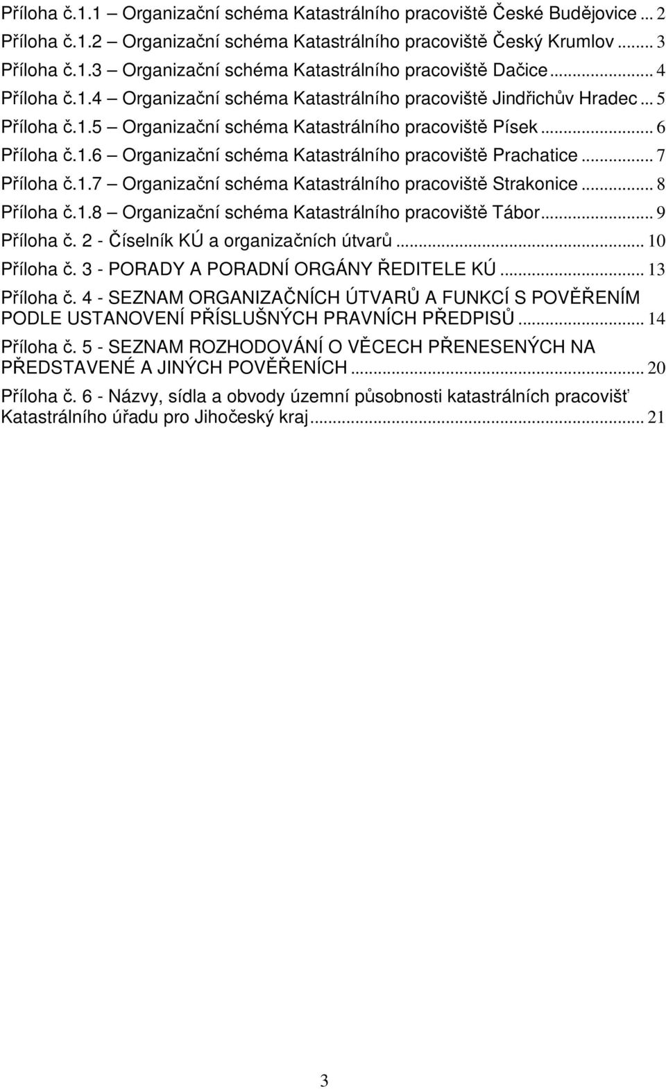 .. 7 Příloha č.1.7 Organizační schéma Katastrálního pracoviště Strakonice... 8 Příloha č.1.8 Organizační schéma Katastrálního pracoviště Tábor... 9 Příloha č. 2 - Číselník KÚ a organizačních útvarů.