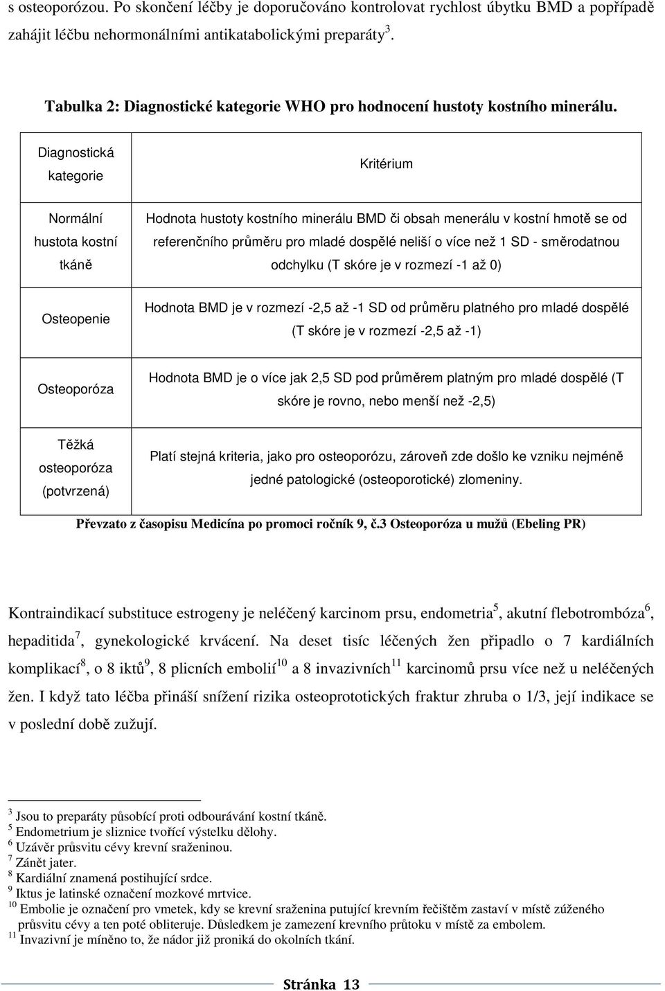 Diagnostická kategorie Kritérium Normální hustota kostní tkáně Hodnota hustoty kostního minerálu BMD či obsah menerálu v kostní hmotě se od referenčního průměru pro mladé dospělé neliší o více než 1
