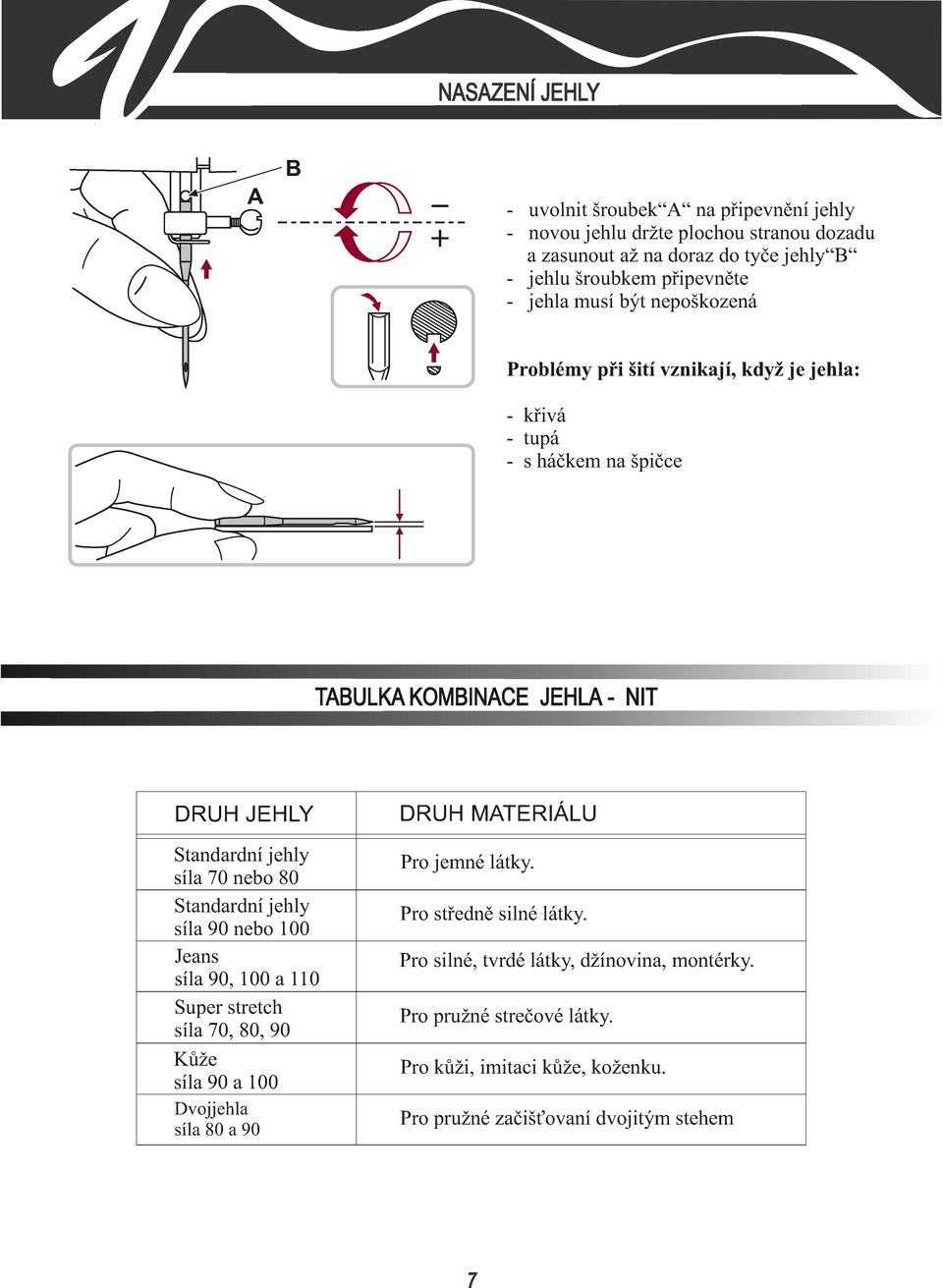 70 nebo 80 Standardní jehly síla 90 nebo 100 Jeans síla 90, 100 a 110 Super stretch síla 70, 80, 90 Kùže síla 90 a 100 Dvojjehla síla 80 a 90 DRUH MATERIÁLU Pro jemné