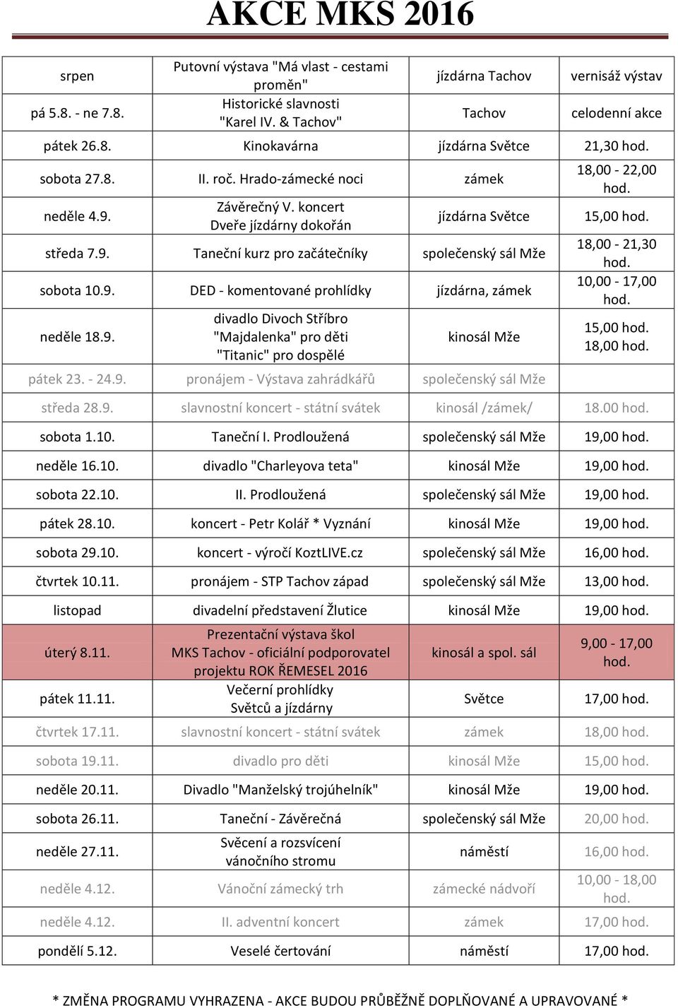 - 24.9. pronájem - Výstava zahrádkářů společenský sál Mže 18,00-22,00 18,00-21,30 10,00-17,00 18,00 středa 28.9. slavnostní koncert - státní svátek kinosál /zámek/ 18.00 sobota 1.10. Taneční I.