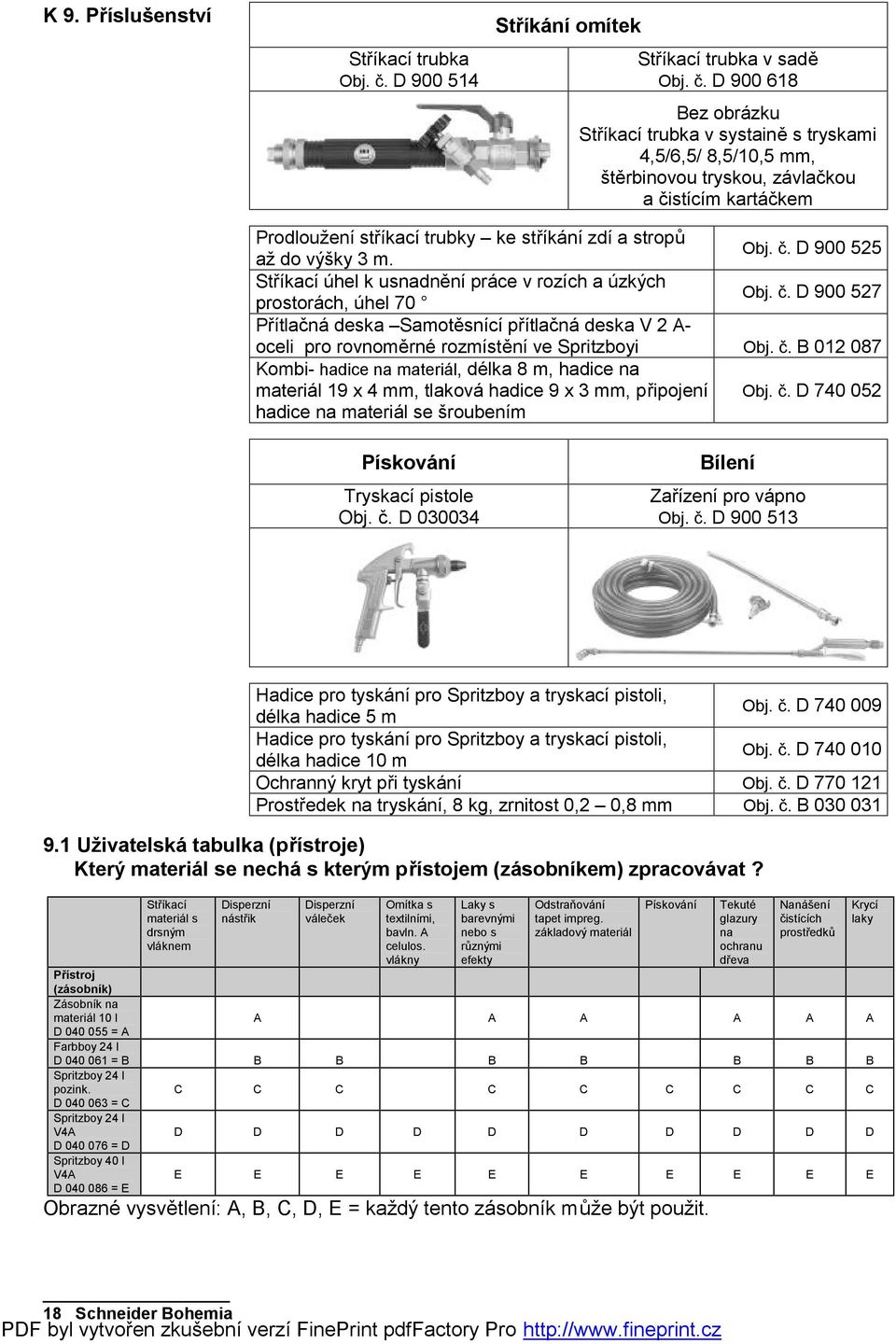 D 900 618 Bez obrázku Stříkací trubka v systaině s tryskami 4,5/6,5/ 8,5/10,5 mm, štěrbinovou tryskou, závlačkou a čistícím kartáčkem Prodloužení stříkací trubky ke stříkání zdí a stropů Obj. č. D 900 525 až do výšky 3 m.