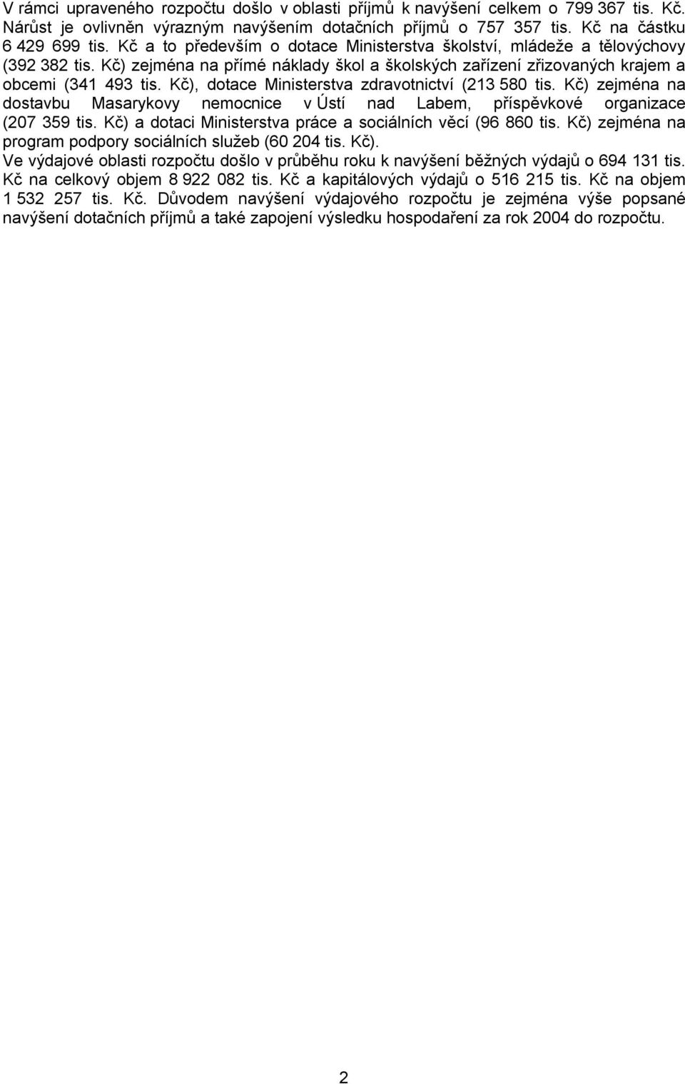Kč), dotace Ministerstva zdravotnictví (213 580 tis. Kč) zejména na dostavbu Masarykovy nemocnice v Ústí nad Labem, příspěvkové organizace (207 359 tis.
