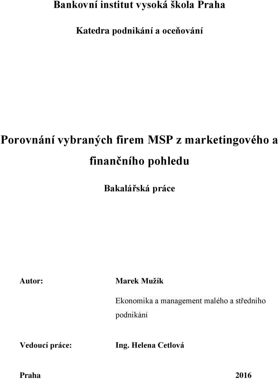 pohledu Bakalářská práce Autor: Marek Mužík Ekonomika a management