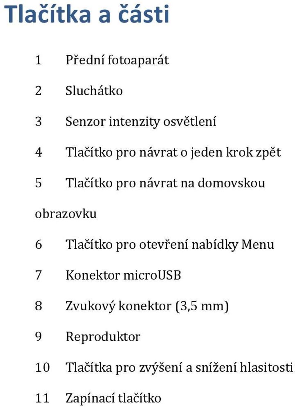 obrazovku 6 Tlačítko pro otevření nabídky Menu 7 Konektor microusb 8 Zvukový