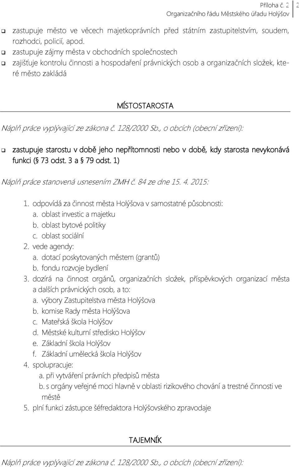 č. 128/2000 Sb., o obcích (obecní zřízení): zastupuje starostu v době jeho nepřítomnosti nebo v době, kdy starosta nevykonává funkci ( 73 odst. 3 a 79 odst. 1) Náplň práce stanovená usnesením ZMH č.