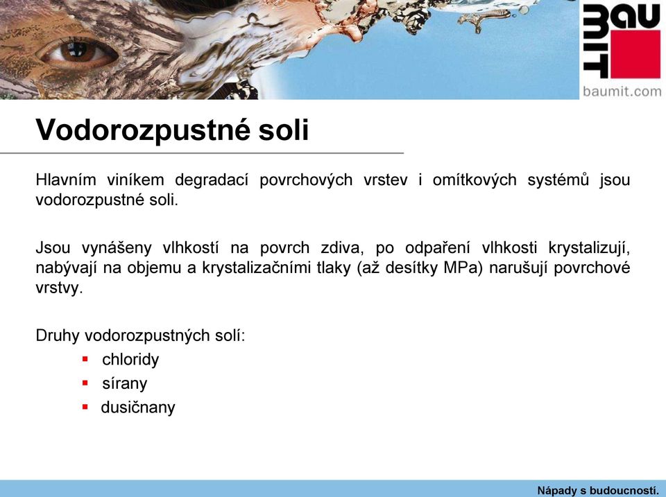 Jsou vynášeny vlhkostí na povrch zdiva, po odpaření vlhkosti krystalizují,