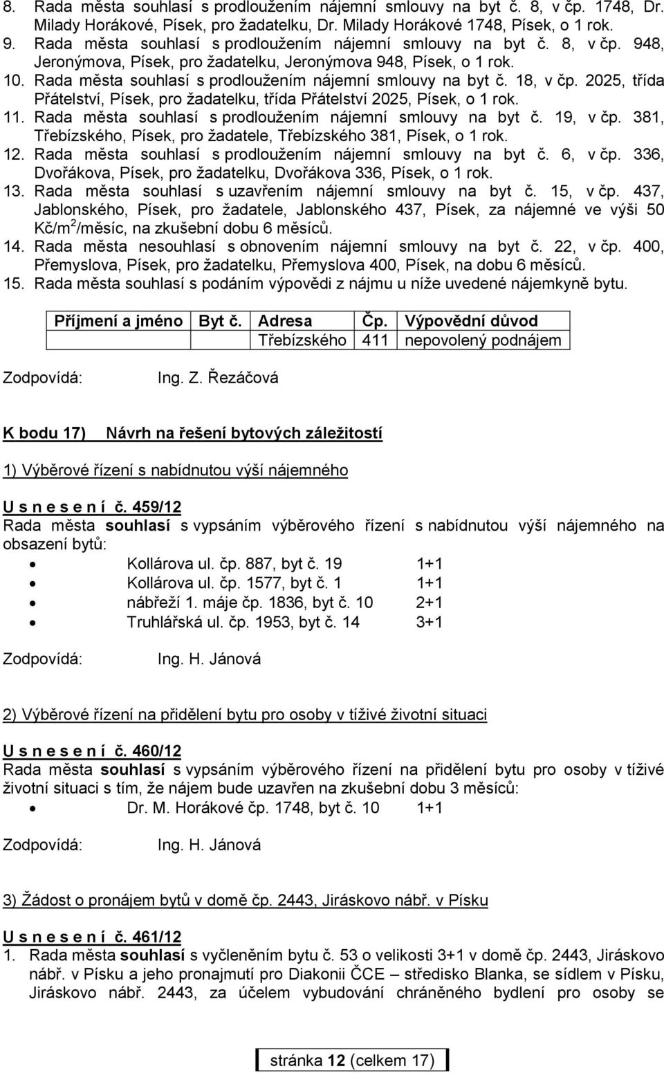 Rada města souhlasí s prodloužením nájemní smlouvy na byt č. 18, v čp. 2025, třída Přátelství, Písek, pro žadatelku, třída Přátelství 2025, Písek, o 1 rok. 11.