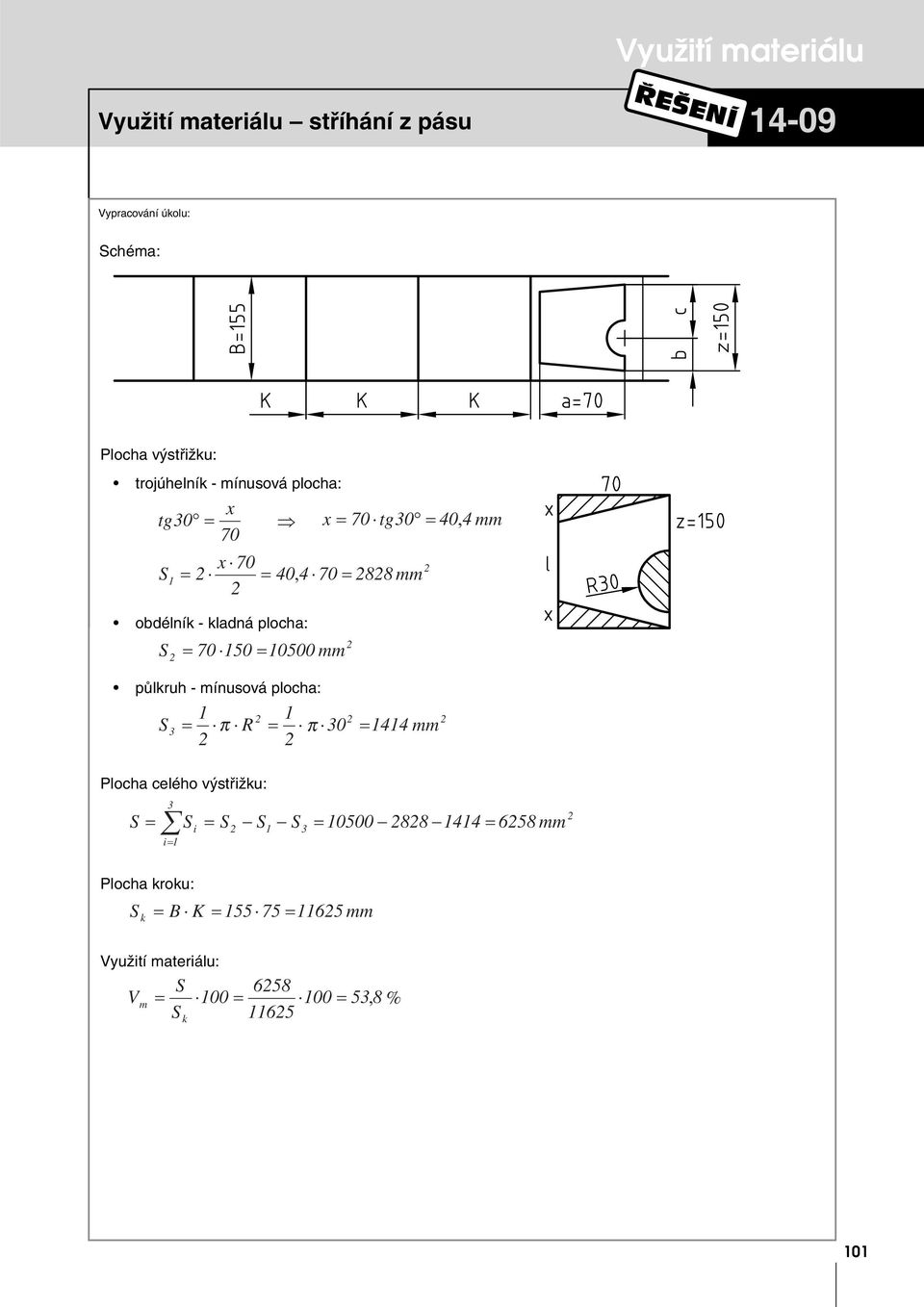 plocha: S 70 50 0500 půlkuh - ínusová plocha: S 3 π R π 30 44 Plocha celého výstřižku: 3 S S