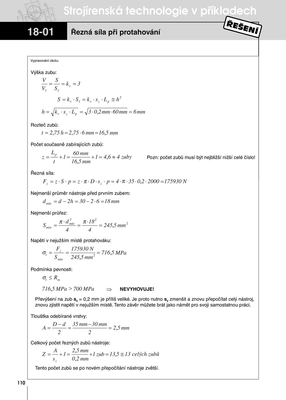 t 6,5 Řezná síla: Fz z S p z π D sz p 4 π 35 0, 000 75930 N Nejenší půě nástoje pře pvní zube: h 30 6 8 Nejenší půřez: 8 S π π 4 4 45, 5 Napětí v nejužší ístě potahováku: σ F z t 5 75930 N 76, MPa S