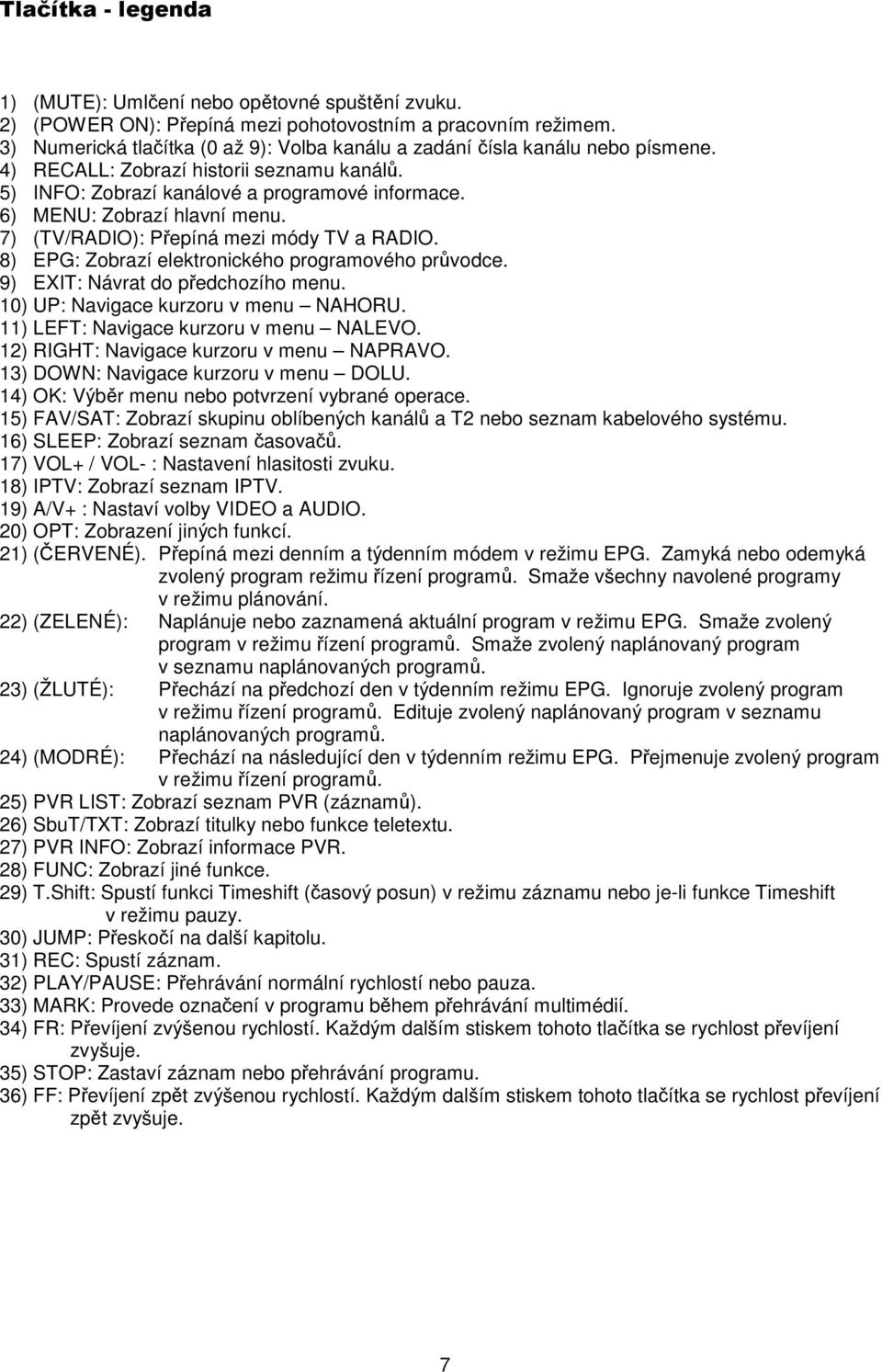 6) MENU: Zobrazí hlavní menu. 7) (TV/RADIO): Přepíná mezi módy TV a RADIO. 8) EPG: Zobrazí elektronického programového průvodce. 9) EXIT: Návrat do předchozího menu.