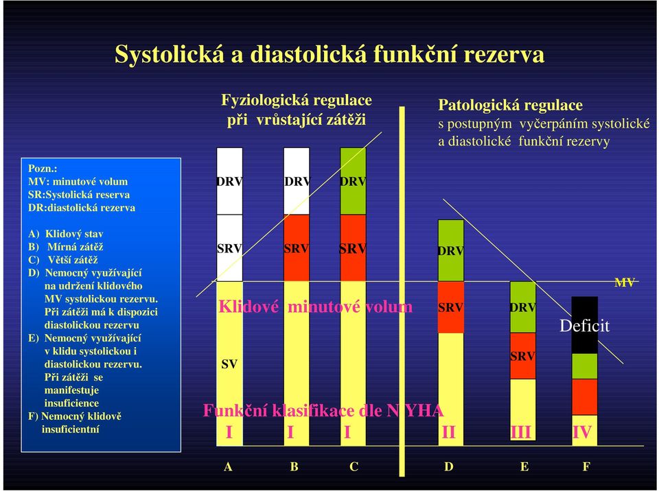 : MV: minutové volum SR:Systolická reserva DR:diastolická rezerva DRV DRV DRV A) Klidový stav B) Mírná zátěž C) Větší zátěž D) Nemocný využívající na udržení klidového