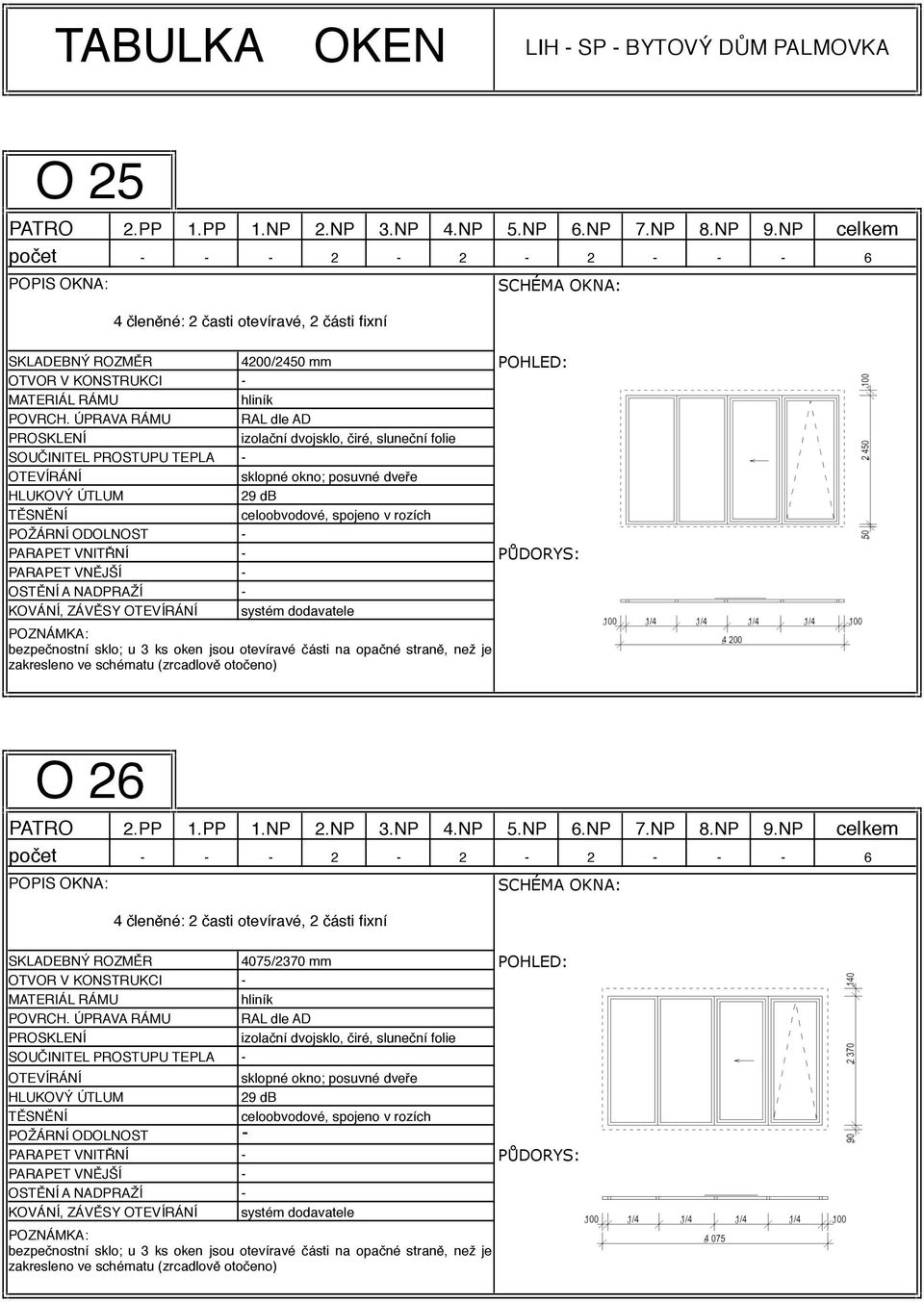 schématu (zrcadlově otočeno) O 26 počet 2 2 2 6 4 členěné: 2 časti otevíravé, 2 části fixní SKLADEBNÝ ROZMĚR 4075/2370 mm POHLED: sklopné  schématu