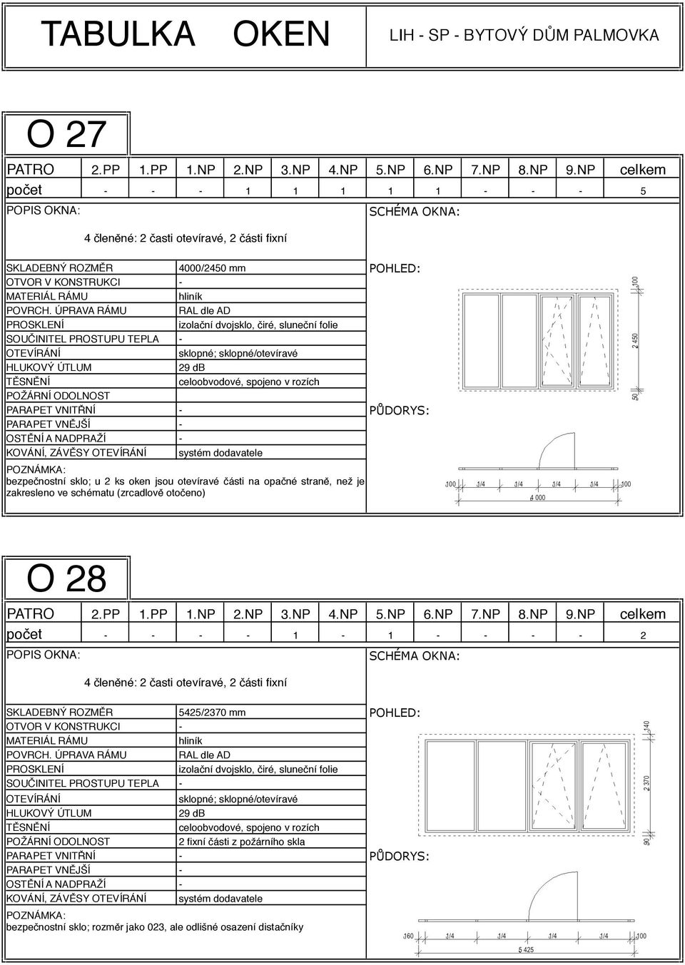 zakresleno ve schématu (zrcadlově otočeno) O 28 počet 1 1 2 4 členěné: 2 časti otevíravé, 2 části fixní SKLADEBNÝ ROZMĚR 5425/2370 mm POHLED: sklopné;