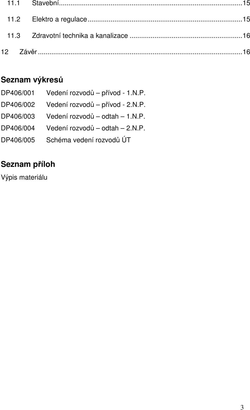 N.P. DP406/003 Vedení rozvodů odtah 1.N.P. DP406/004 Vedení rozvodů odtah 2.N.P. DP406/005 Schéma vedení rozvodů ÚT Seznam příloh Výpis materiálu 3