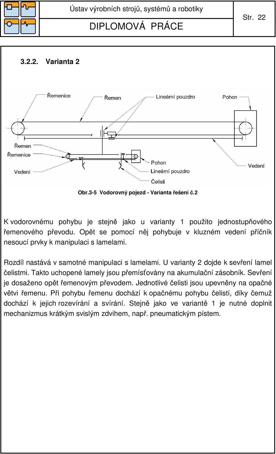 U varianty 2 dojde k sevření lamel čelistmi. Takto uchopené lamely jsou přemísťovány na akumulační zásobník. Sevření je dosaženo opět řemenovým převodem.