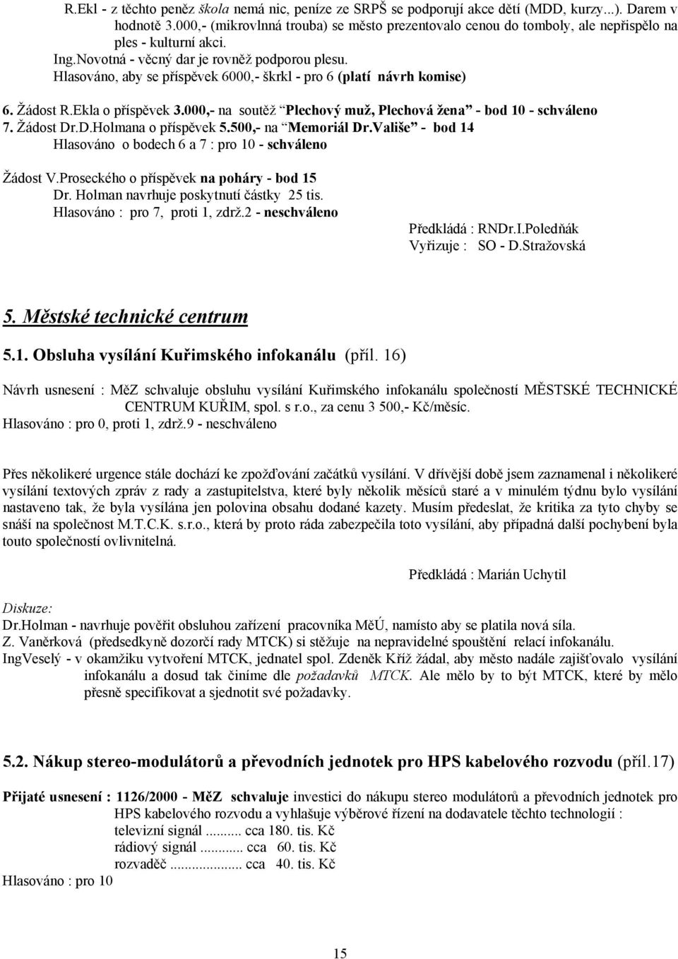 Hlasováno, aby se příspěvek 6000,- škrkl - pro 6 (platí návrh komise) 6. Žádost R.Ekla o příspěvek 3.000,- na soutěž Plechový muž, Plechová žena - bod 10 - schváleno 7. Žádost Dr.D.Holmana o příspěvek 5.
