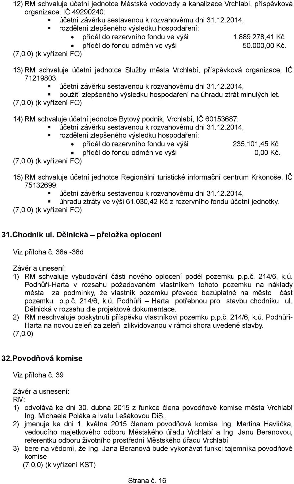 (k vyřízení FO) 14) RM schvaluje účetní jednotce Bytový podnik, Vrchlabí, IČ 60153687: příděl do rezervního fondu ve výši 235.101,45 Kč příděl do fondu odměn ve výši 0,00 Kč.