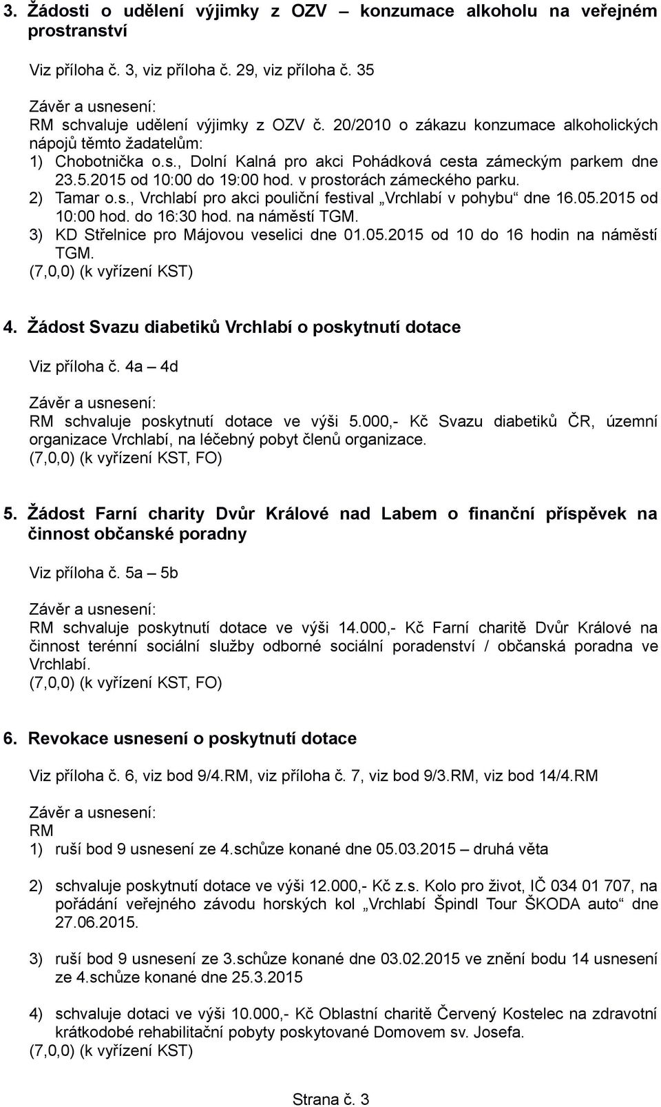 v prostorách zámeckého parku. 2) Tamar o.s., Vrchlabí pro akci pouliční festival Vrchlabí v pohybu dne 16.05.2015 od 10:00 hod. do 16:30 hod. na náměstí TGM.