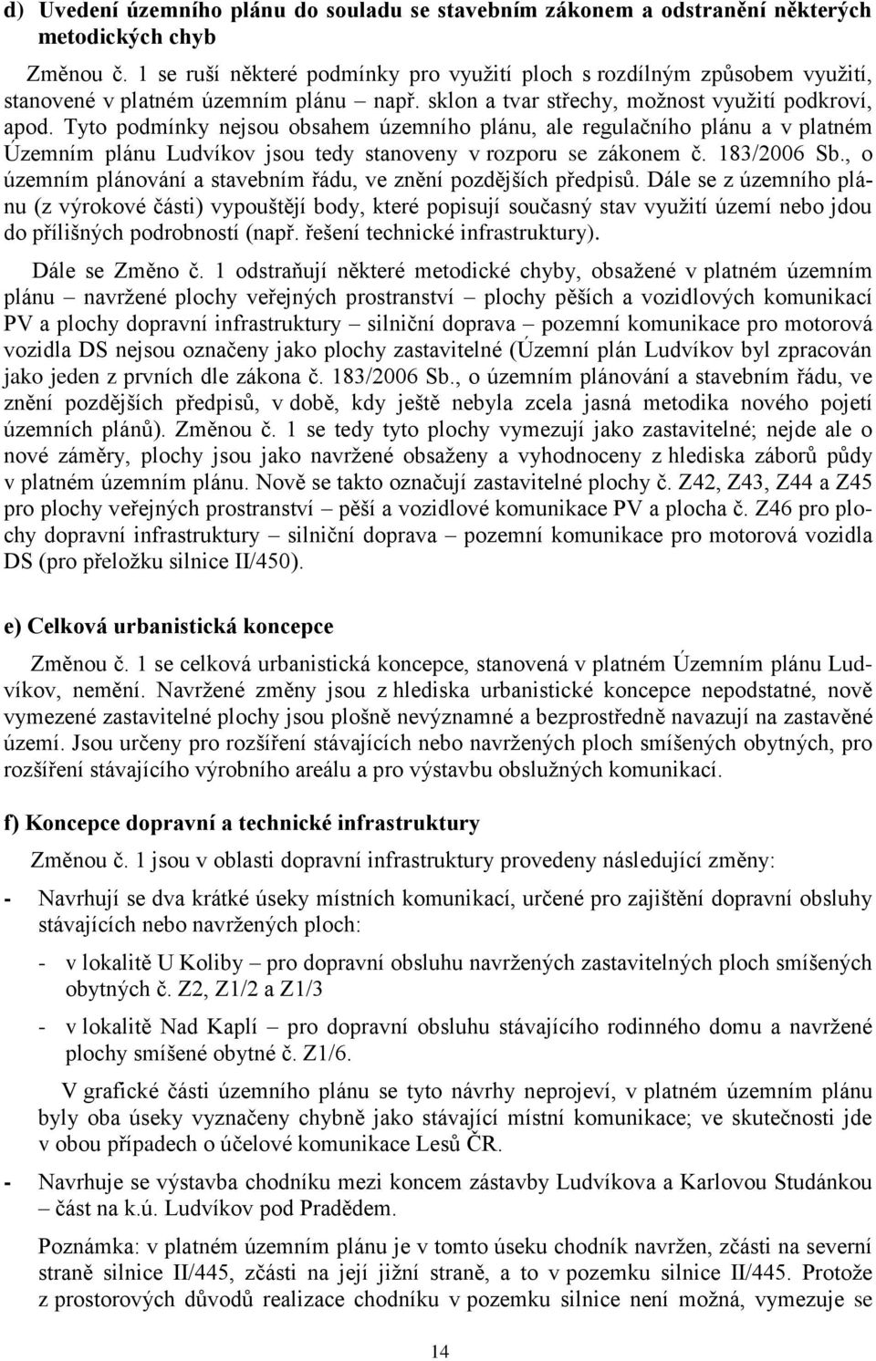 Tyto podmínky nejsou obsahem územního plánu, ale regulačního plánu a v platném Územním plánu Ludvíkov jsou tedy stanoveny v rozporu se zákonem č. 183/2006 Sb.