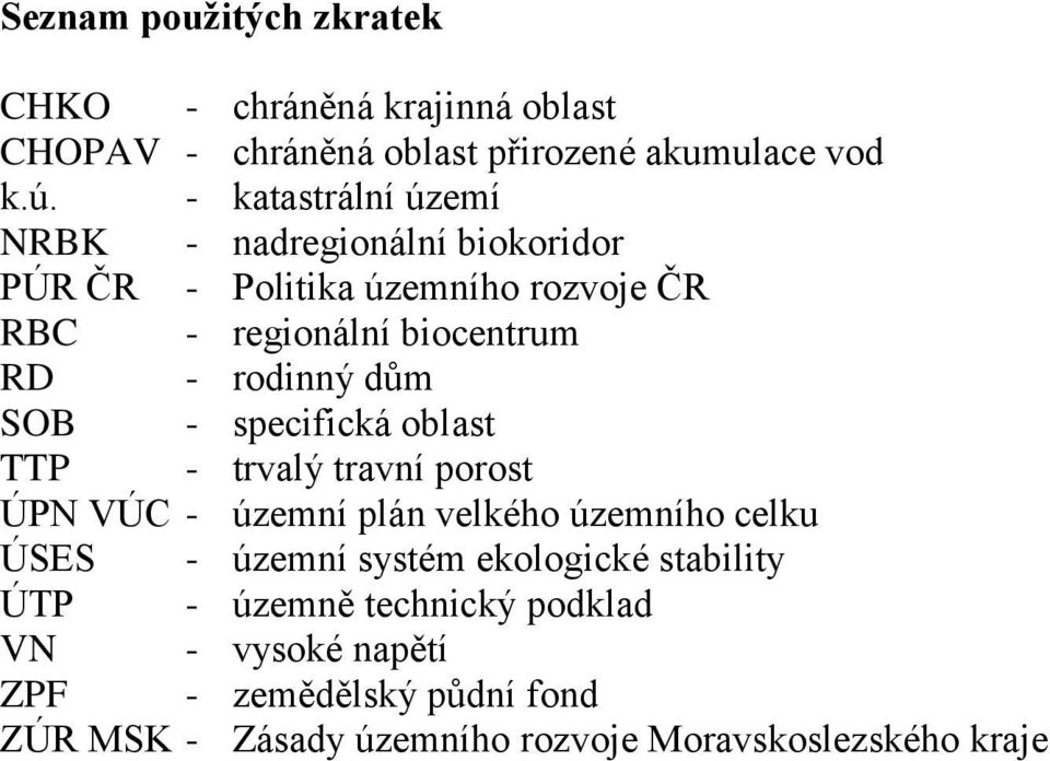 rodinný dům SOB - specifická oblast TTP - trvalý travní porost ÚPN VÚC - územní plán velkého územního celku ÚSES - územní systém