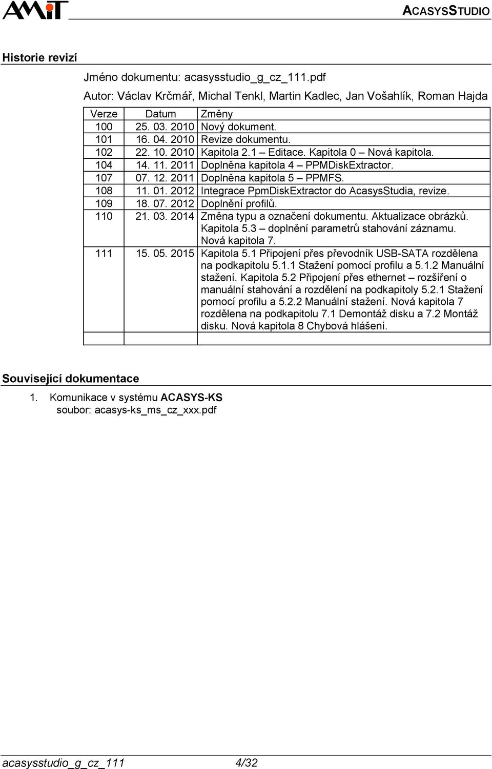2012 Integrace PpmDiskExtractor do AcasysStudia, revize. 109 18. 07. 2012 Doplnění profilů. 110 21. 03. 2014 Změna typu a označení dokumentu. Aktualizace obrázků. Kapitola 5.