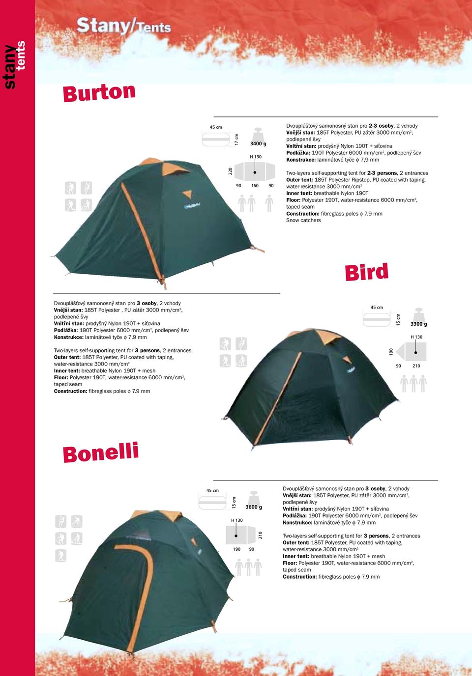 stan: 185T Polyester, PU zátěr 3000 mm/cm 2, Podlážka: 1T Polyester 6000 mm/cm 2, Two-layers self-supporting tent for 3 persons, 6000 mm/cm 2,