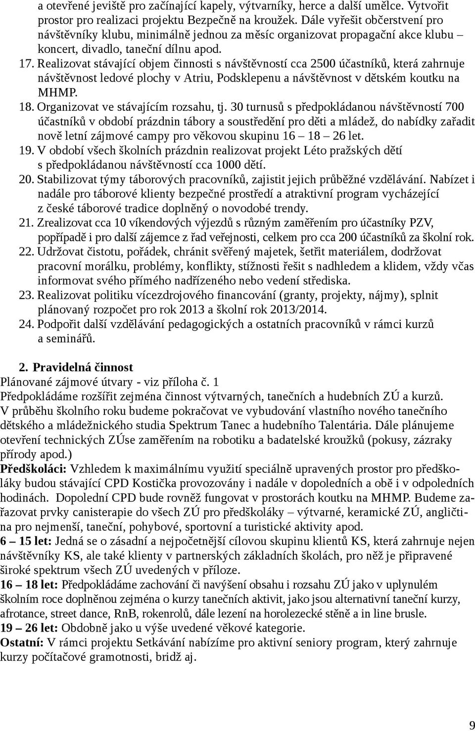 Realizovat stávající objem činnosti s návštěvností cca 2500 účastníků, která zahrnuje návštěvnost ledové plochy v Atriu, Podsklepenu a návštěvnost v dětském koutku na MHMP. 18.