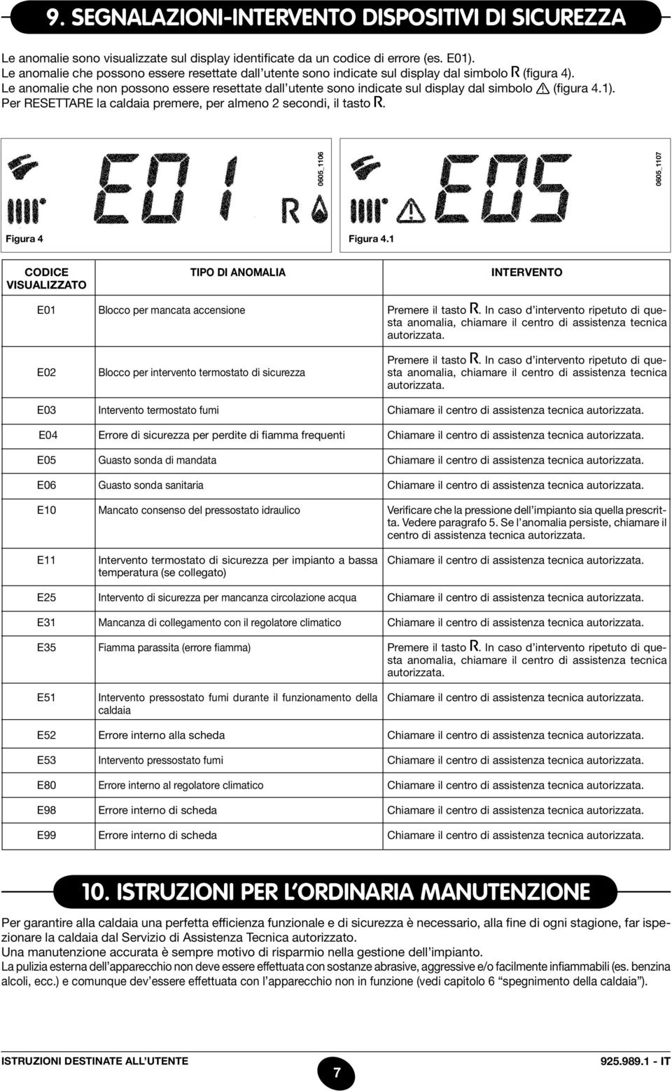 Le anomalie che non possono essere resettate dall utente sono indicate sul display dal simbolo (figura 4.1). Per RESETTARE la caldaia premere, per almeno 2 secondi, il tasto.