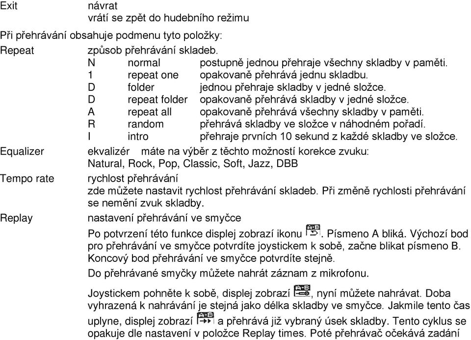 A repeat all opakovaně přehrává všechny skladby v paměti. R random přehrává skladby ve složce v náhodném pořadí. I intro přehraje prvních 10 sekund z každé skladby ve složce.