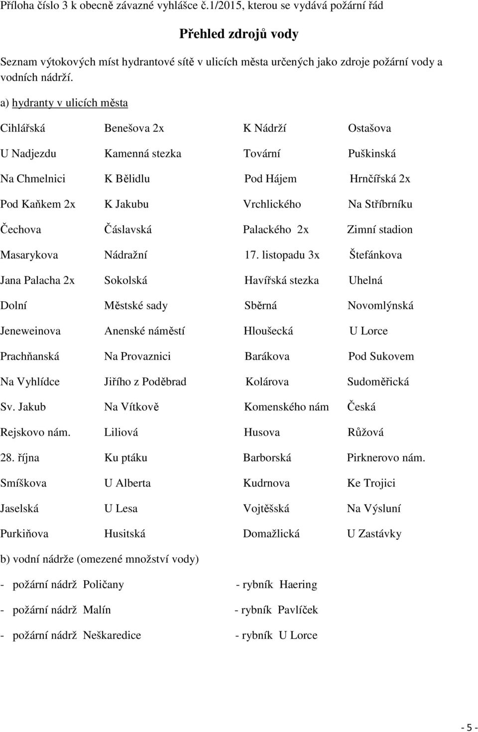 a) hydranty v ulicích města Cihlářská Benešova 2x K Nádrží Ostašova U Nadjezdu Kamenná stezka Tovární Puškinská Na Chmelnici K Bělidlu Pod Hájem Hrnčířská 2x Pod Kaňkem 2x K Jakubu Vrchlického Na