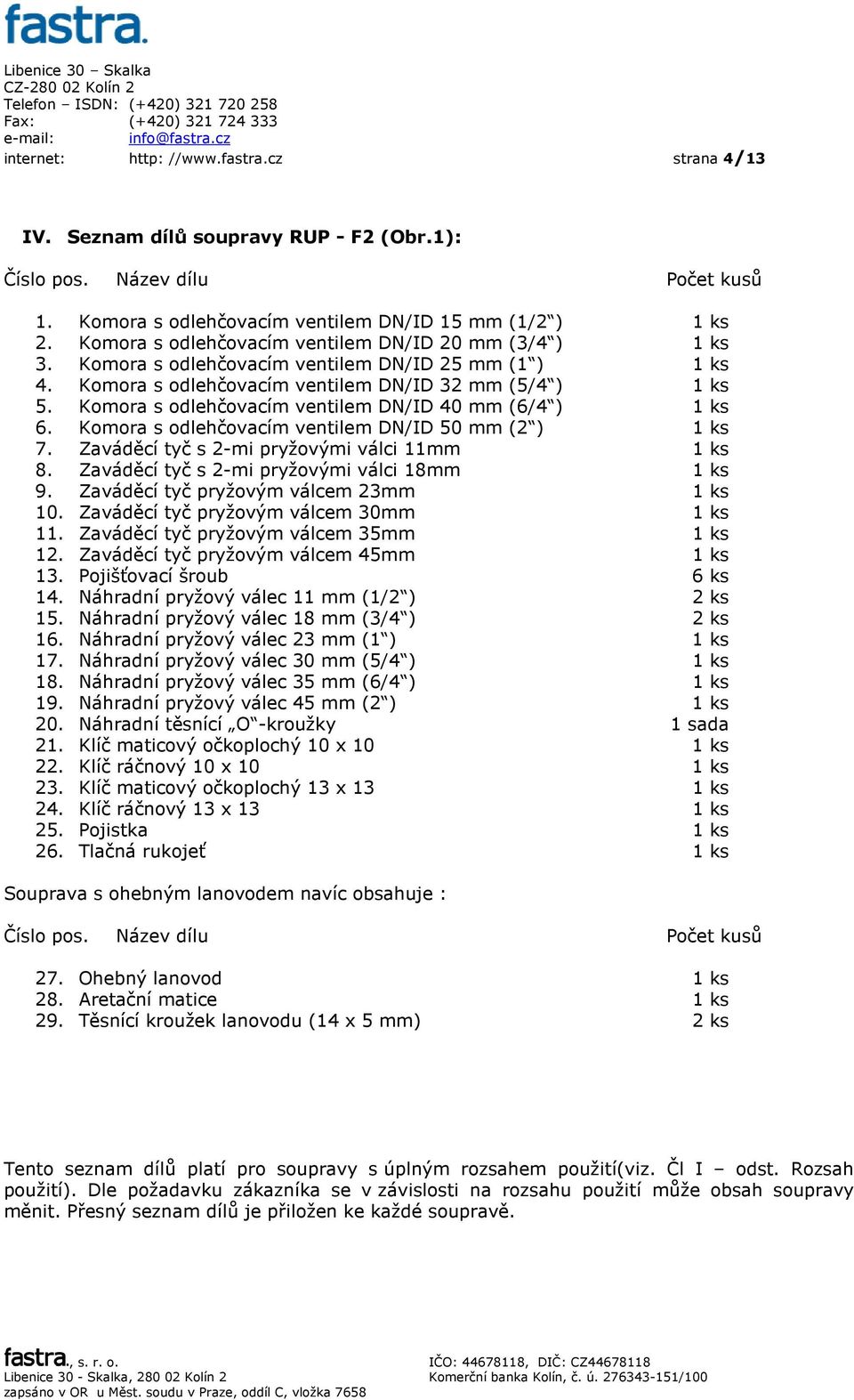 Komora s odlehčovacím ventilem DN/ID 40 mm (6/4 ) 1 ks 6. Komora s odlehčovacím ventilem DN/ID 50 mm (2 ) 1 ks 7. Zaváděcí tyč s 2-mi pryžovými válci 11mm 1 ks 8.