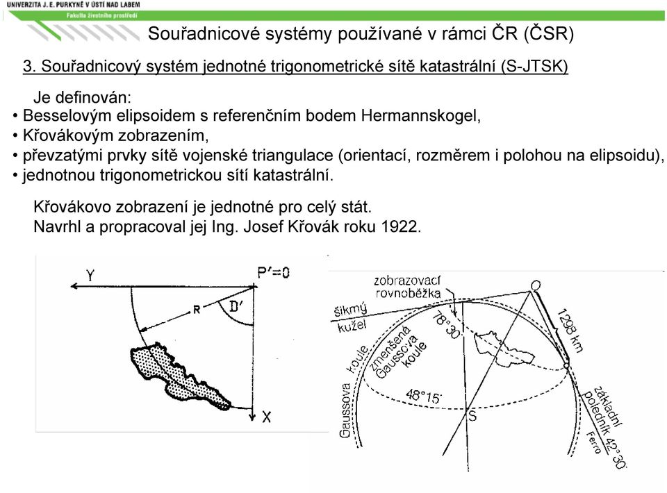 referenčním bodem Hermannskogel, Křovákovým zobrazením, převzatými prvky sítě vojenské triangulace (orientací,