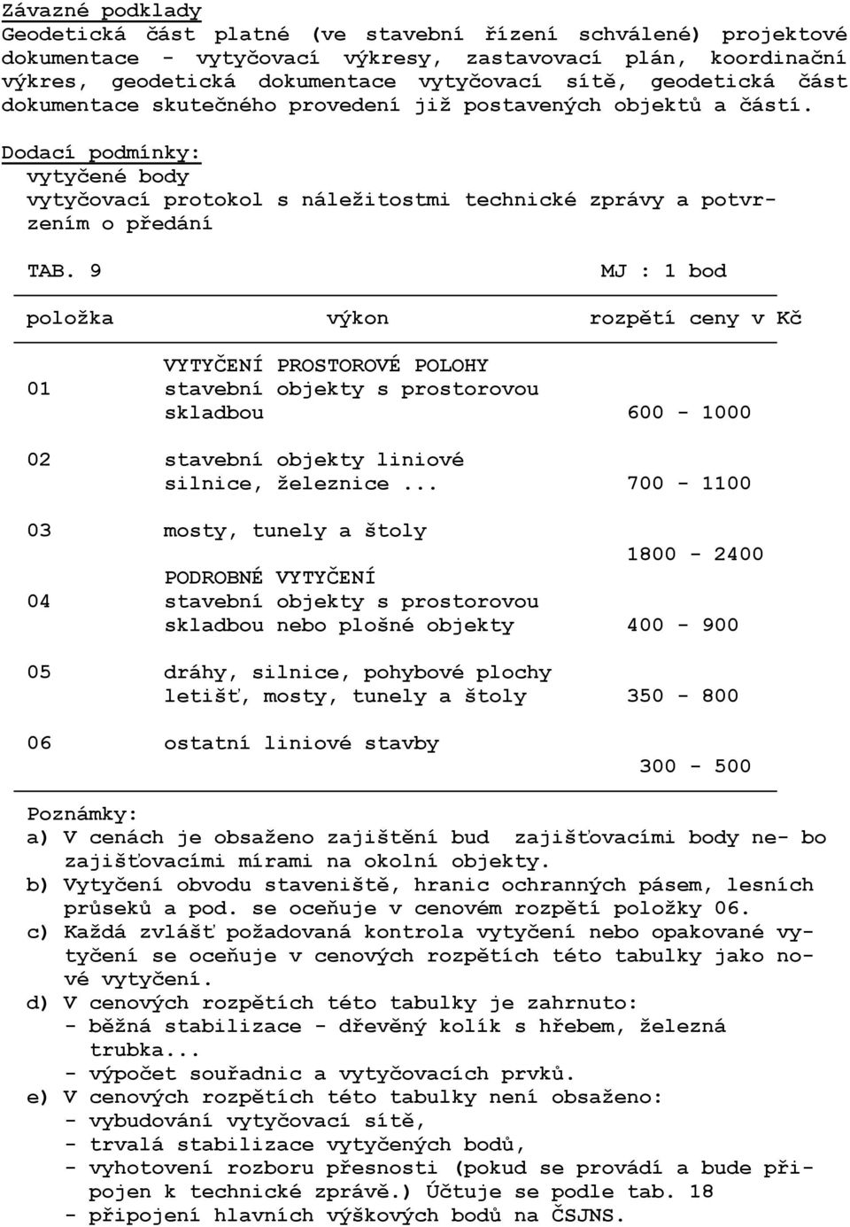 9 MJ : 1 bod položka výkon rozpětí ceny v Kč VYTYČENÍ PROSTOROVÉ POLOHY 01 stavební objekty s prostorovou skladbou 600-1000 02 stavební objekty liniové silnice, železnice.