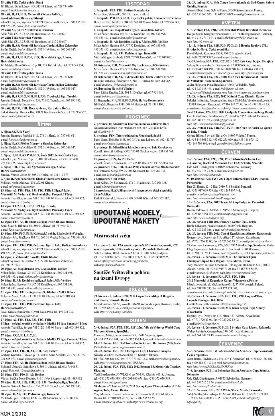 ; A6, P3, F1N; žákovská; Rousínov Alois Šild, ČSLA 35, 683 01 Rousínov, tel. 517 330 607 29. ; F1E; žákovská; Větrník Alois Šild, ČSLA 35, 683 01 Rousínov, tel. 517 330 607 29. ; H, A3; Memoriál Jaroslava Gardavského; Želatovice Štefan Ondák, Na Vyhlídce 33, 682 01 Vyškov, tel.