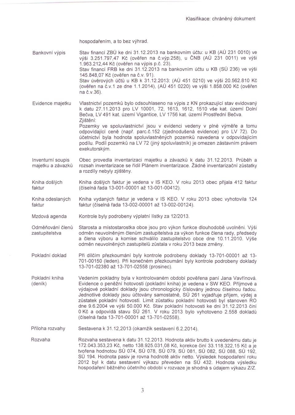 848,07 Kč (ověřen na č.v. 91). Stav úvěrových účtů u KB k 31.12.2013: (AÚ 451 0210) ve výši 20.562.810 Kč (ověřen na č.v.1 ze dne 1.1.2014), (AÚ 451 0220) ve výši 1.858.000 Kč (ověřen na č.v.36).