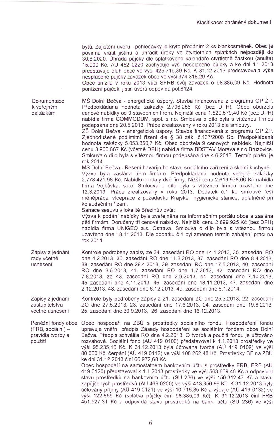 2013 představovala výše nesplacené půjčky závazek obce ve výši 374.316,29 Kč. Obec snížila v roku 2013 vůči SFRB svůj závazek o 98.385,09 Kč. Hodnota ponížení půjček, jistin úvěrů odpovídá po1.8124.