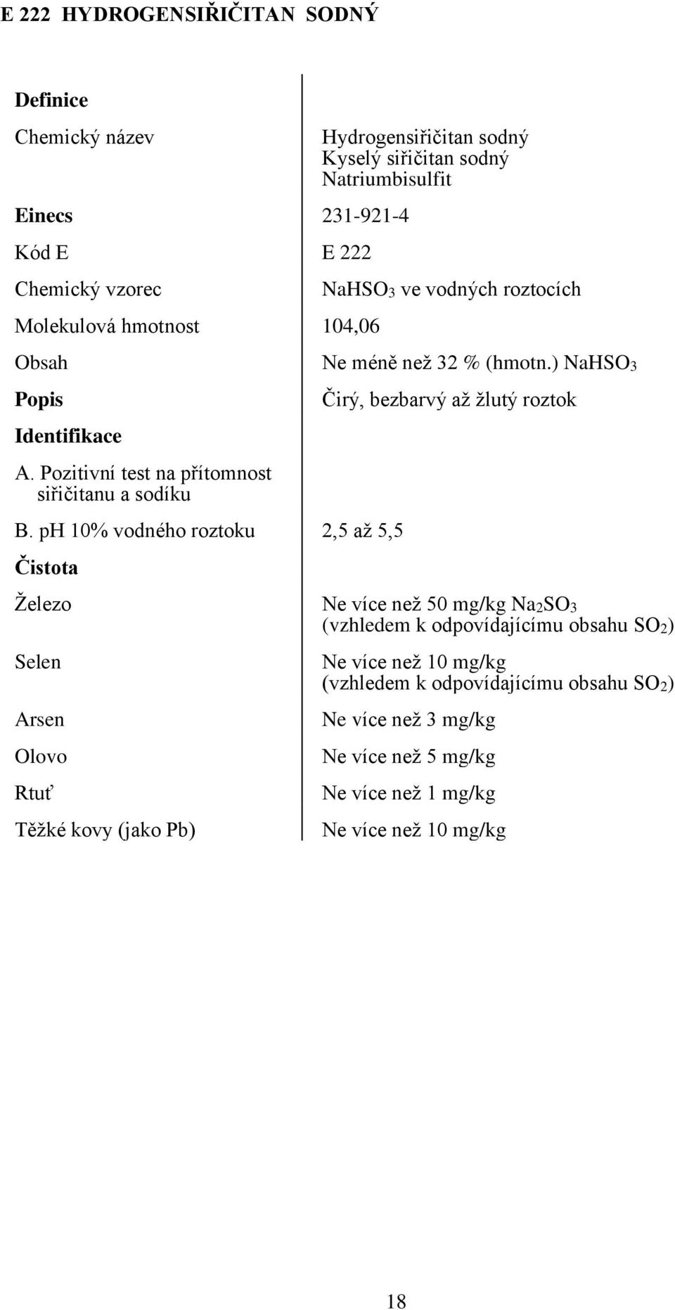 ph 10% vodného roztoku 2,5 až 5,5 Železo Selen Těžké kovy (jako Pb) Hydrogensiřičitan sodný Kyselý siřičitan sodný Natriumbisulfit