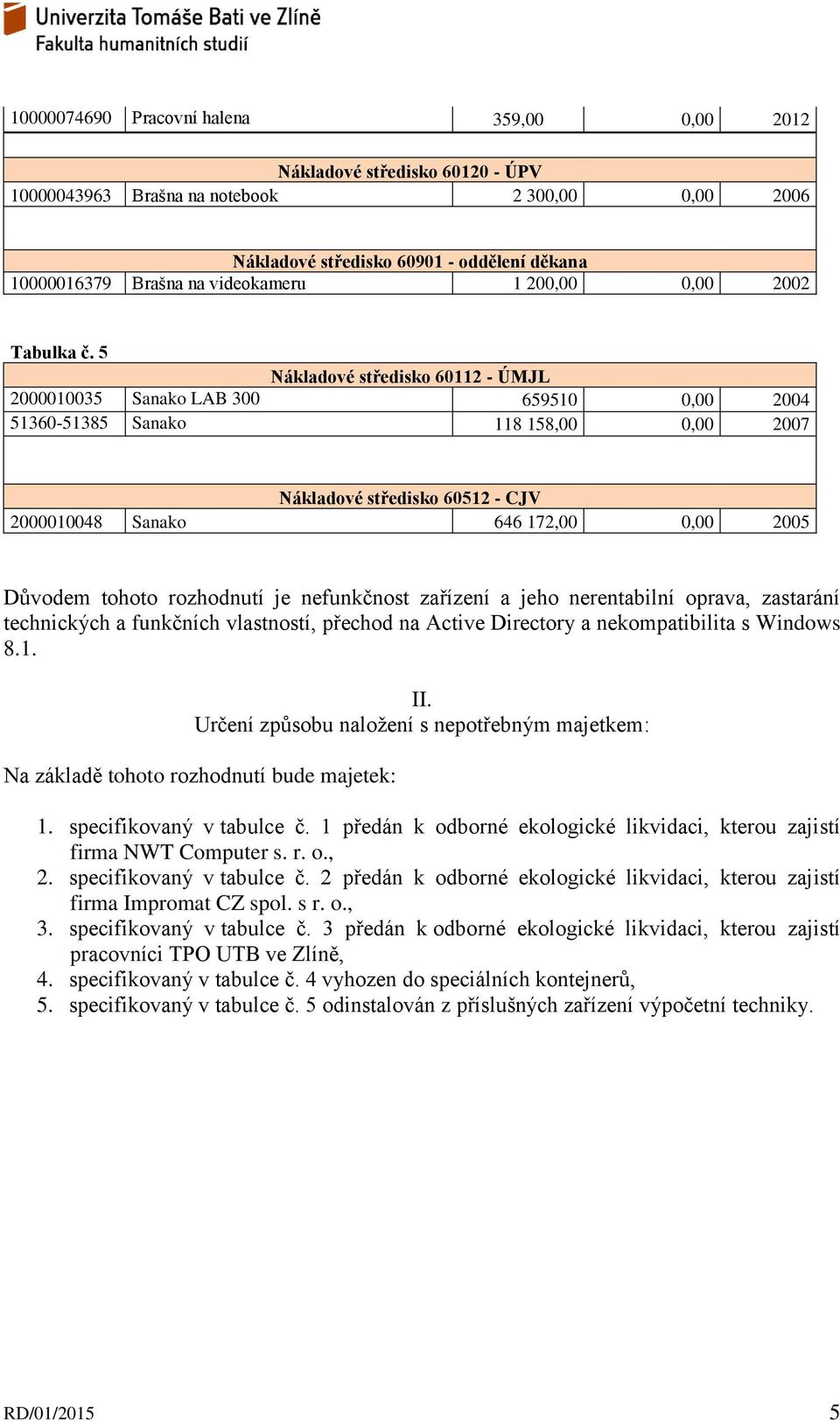 zařízení a jeho nerentabilní oprava, zastarání technických a funkčních vlastností, přechod na Active Directory a nekompatibilita s Windows 8.1. II.