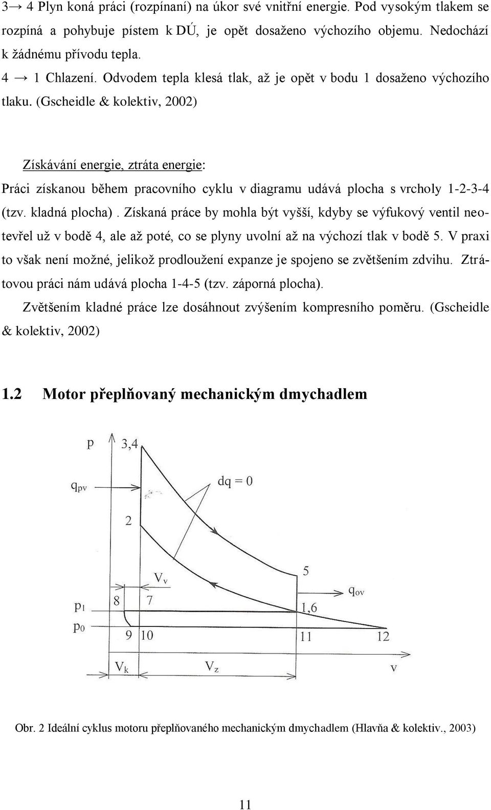 (Gscheidle & kolektiv, 2002) Získávání energie, ztráta energie: Práci získanou během pracovního cyklu v diagramu udává plocha s vrcholy 1-2-3-4 (tzv. kladná plocha).