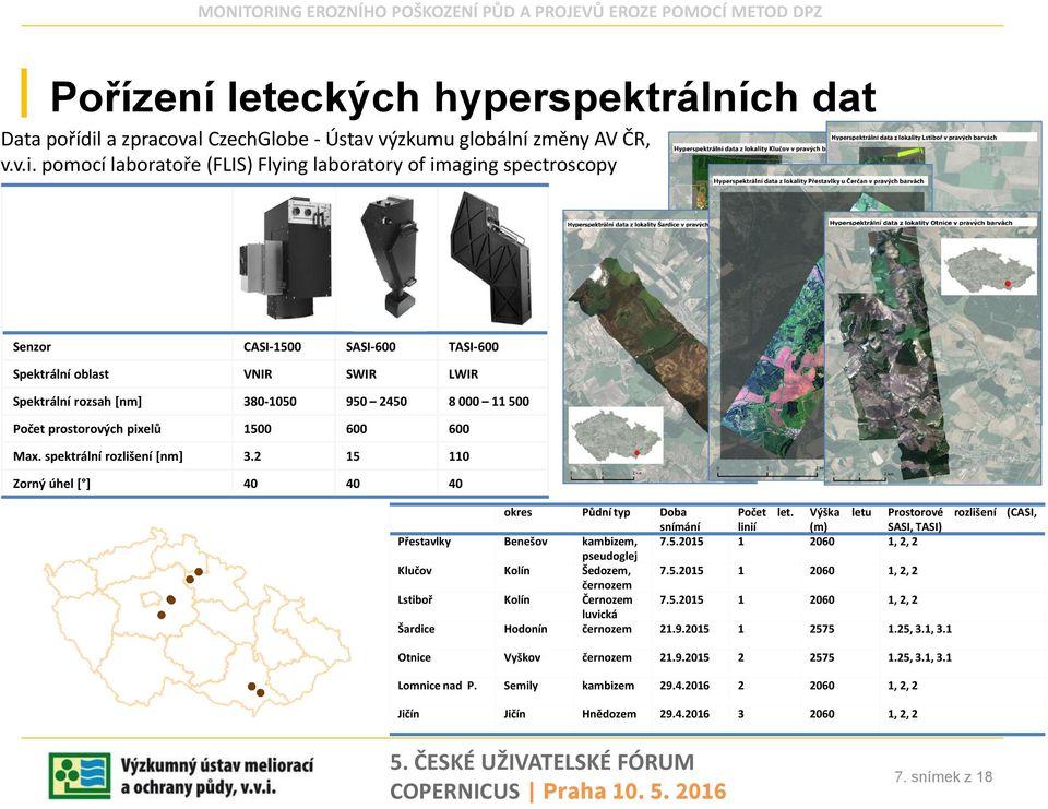 pomocí laboratoře (FLIS) Flying laboratory of imaging spectroscopy Senzor CASI-1500 SASI-600 TASI-600 Spektrální oblast VNIR SWIR LWIR Spektrální rozsah [nm] 380-1050 950 2450 8 000 11 500 Počet