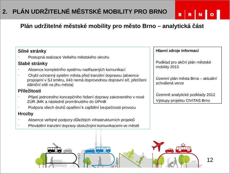 komunikací Chybí ochranný systém města před tranzitní dopravou (absence propojení v SJ směru, I/43 nemá doprovodnou dopravní síť, přetížení dálniční sítě na jihu města) Příležitosti Hlavní zdroje