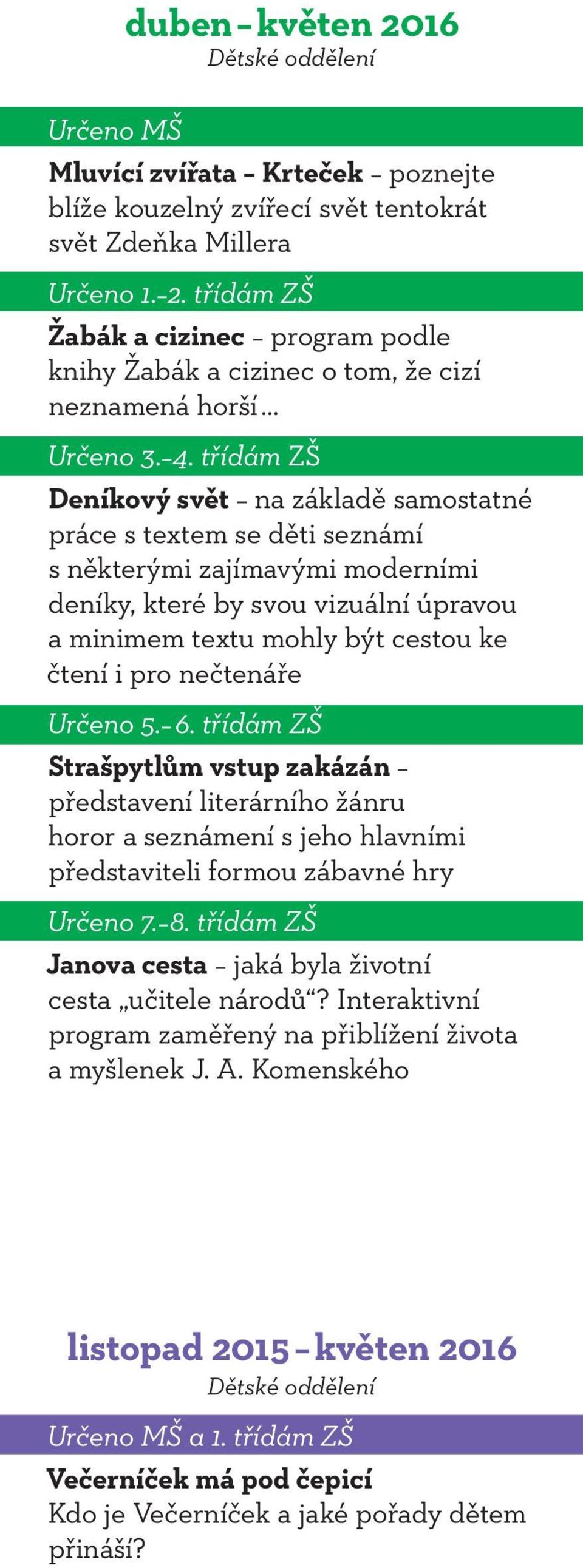 nečtenáře Určeno 5. 6. třídám ZŠ Strašpytlům vstup zakázán představení literárního žánru horor a seznámení s jeho hlavními představiteli formou zábavné hry Určeno 7. 8.