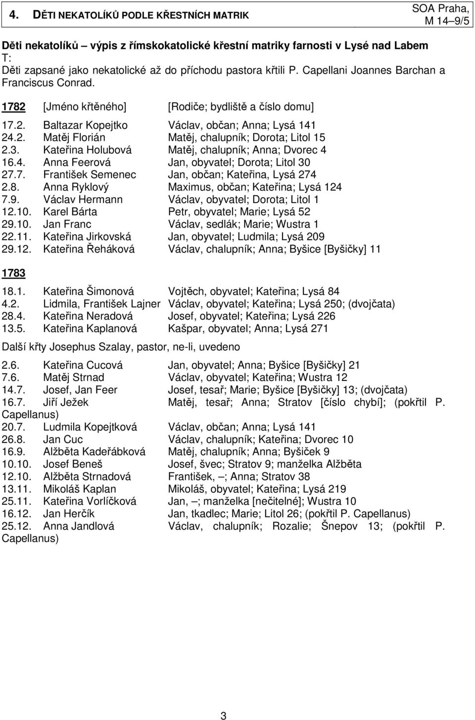 3. Kateřina Holubová Matěj, chalupník; Anna; Dvorec 4 16.4. Anna Feerová Jan, obyvatel; Dorota; Litol 30 27.7. František Semenec Jan, občan; Kateřina, Lysá 274 2.8.