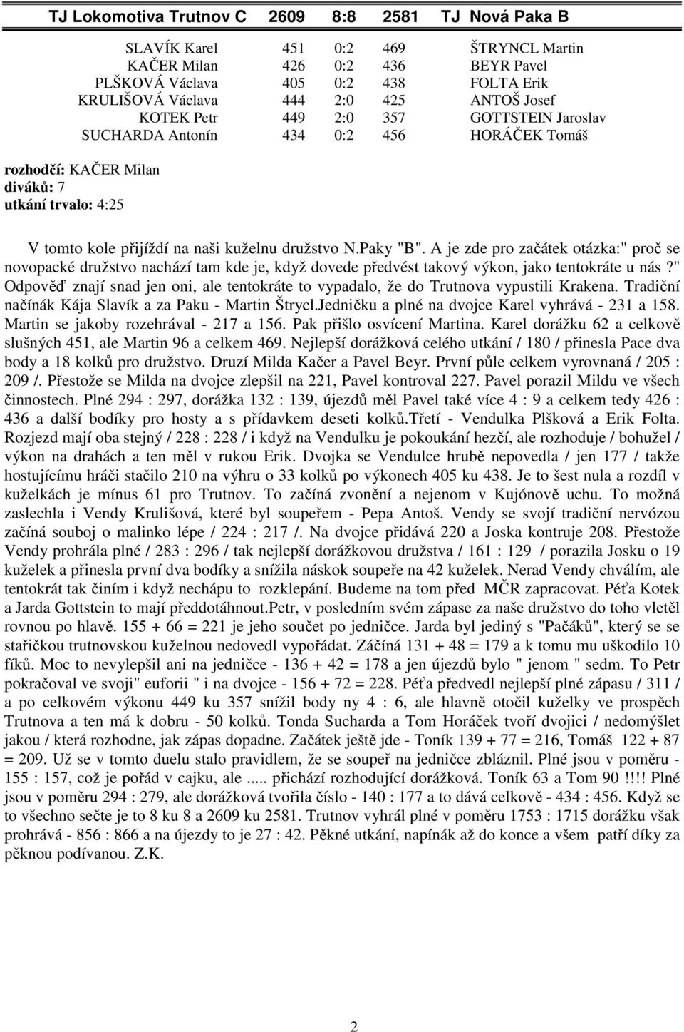 Paky "B". A je zde pro začátek otázka:" proč se novopacké družstvo nachází tam kde je, když dovede předvést takový výkon, jako tentokráte u nás?