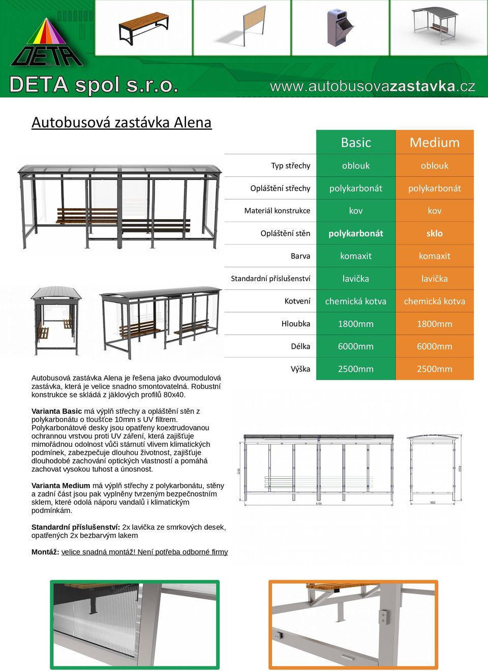 Robustní konstrukce se skládá z jäklových profilů 80x40. 2500mm 2500mm Varianta Basic má výplň střechy a opláštění stěn z polykarbonátu o tloušťce 10mm s UV filtrem.