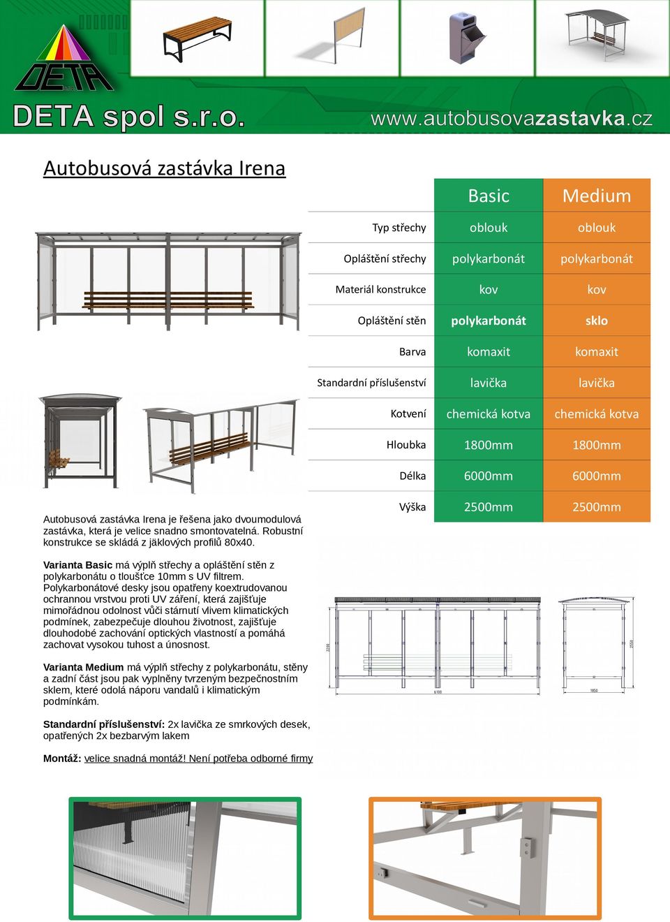 Robustní konstrukce se skládá z jäklových profilů 80x40. 2500mm 2500mm Varianta Basic má výplň střechy a opláštění stěn z polykarbonátu o tloušťce 10mm s UV filtrem.